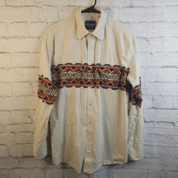 Wrangler Other - Vintage Wrangler Shirt Mens Large Pearl Snap Brushpopper Aztec Western Ivory